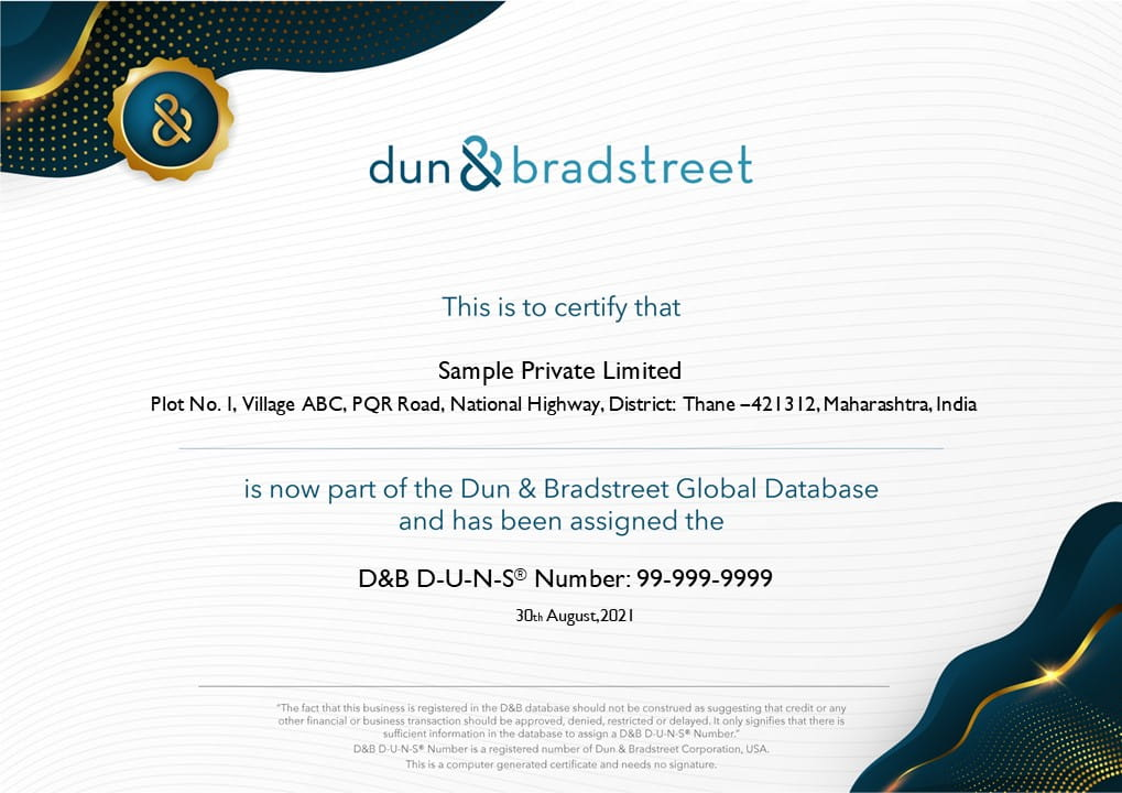Sample D-U-N-S Number Certificate 